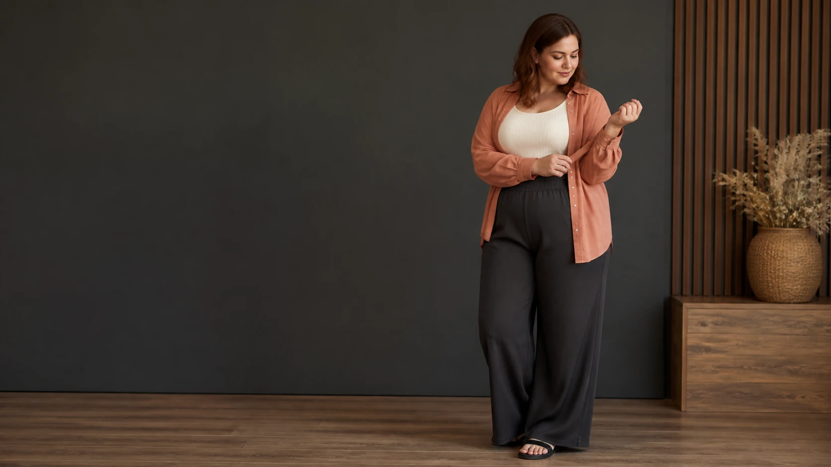 Молодая женщина проверяет посадку одежды plus size перед заказом